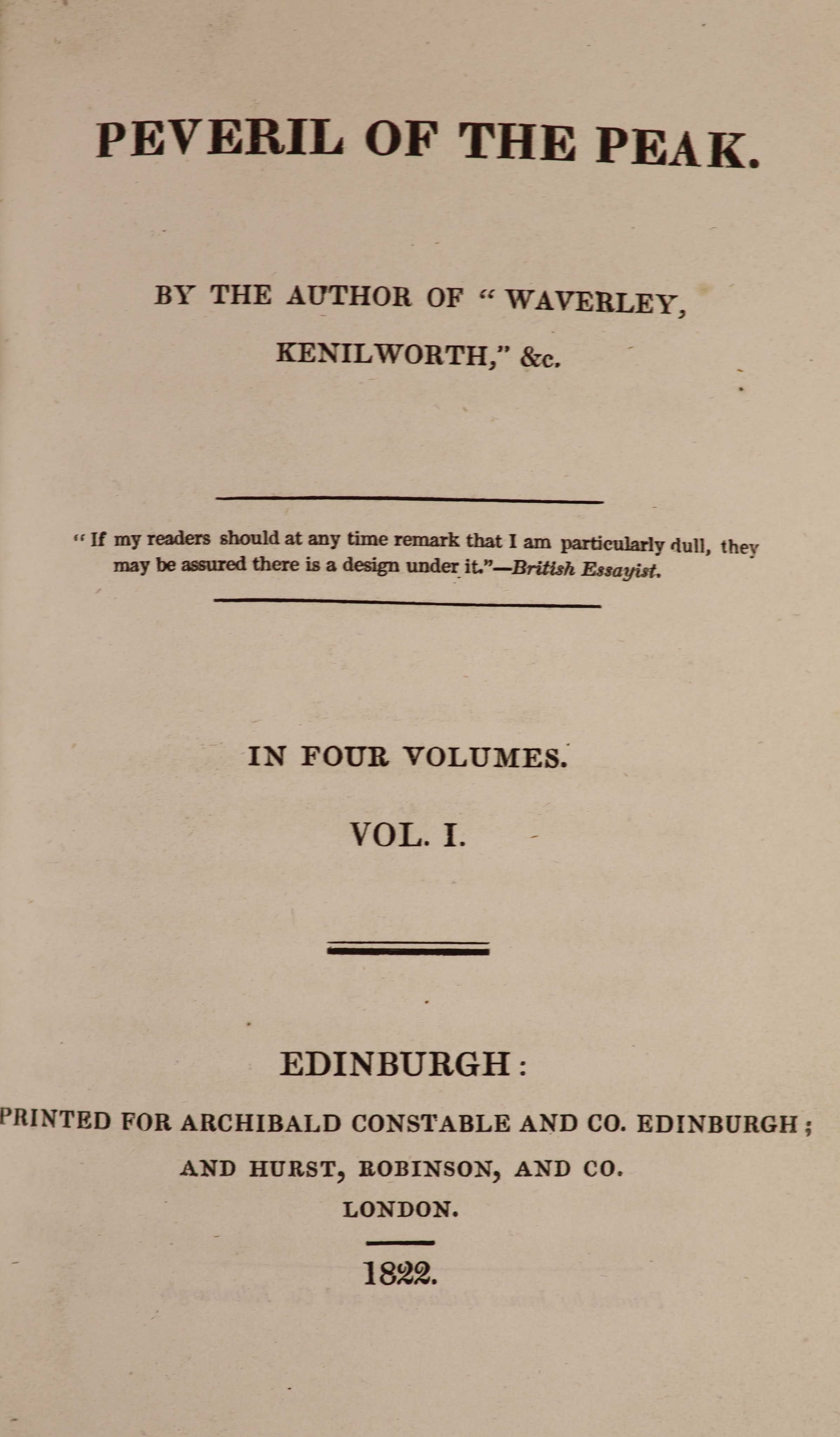 Scott, Sir Walter - Peveril of the Peak. 1st edition. 4 vols. Quarter calf and cloth with gilt tooling and letters direct on spine. 12mo. Archibald Constable & Co, Edinburgh, 1822.